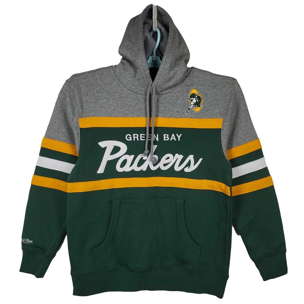 Green Bay Packers Mitchell & Ness Large Hoodie Script Logo Green Gray Yellow NWT